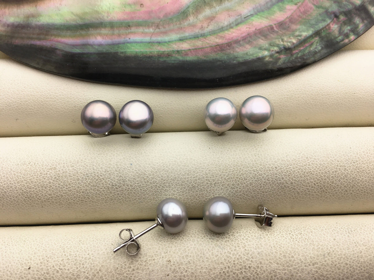 1 pair AAA 6-7mm Golden Gray Rainbow Natural Color Pearl earrings, Sterling Silver, bridal, SE1-019