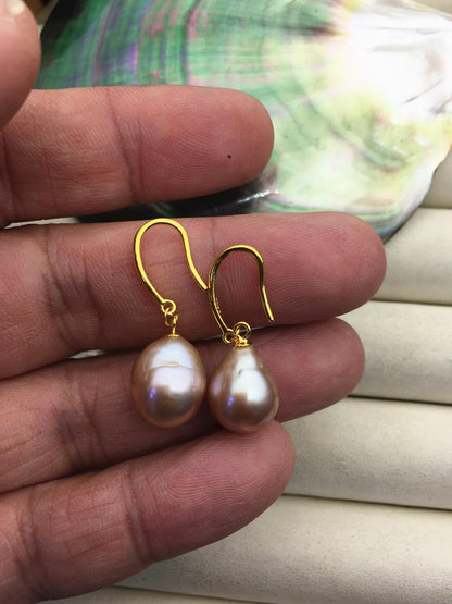 AAA 10-11mm natural rianbow drop edison pearl dangle earrings, yellow gold S925 Sterling Silver earrings, wedding pearl earrings, SE3-T9-71