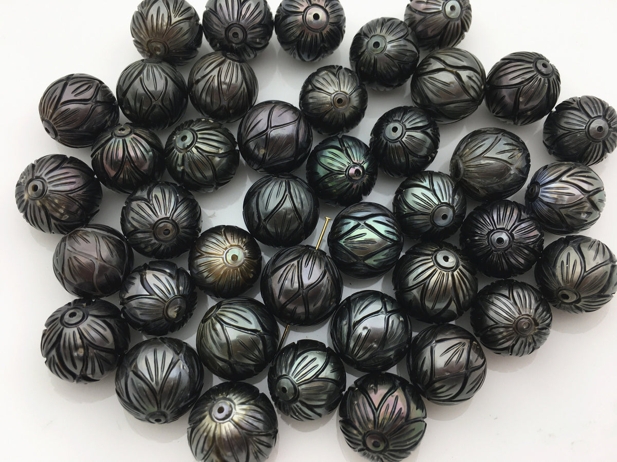 1pc 10-14mm Round Carved Tahitian Pearl - Hand Carved - Tattoo Tahitian Pearls, carved pearls, flower designs, CAC-FLW-9-8