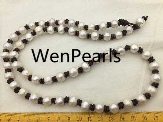 10mm Potato Pearl and leather necklace,Genuine Freshwater Pearl Necklace,white pearl necklace,wholesale,Le3-043