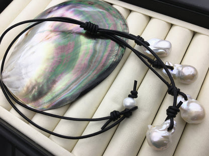 Four Big White Flame ball pearl and leather necklace, Baroque Freshwater Pearl Drop Necklace, Flaming ball pearl necklace, Le5-046