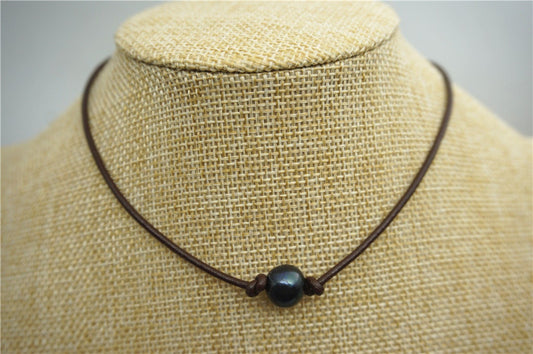 black pearl necklace, Freshwater pearl and leather necklace, Black pearl leather necklace, Pearl Choker, leather pearl necklace, Le1-016