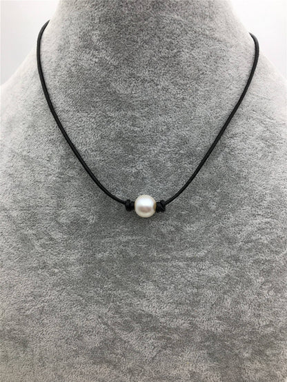 11-13mm Big White Round Pearl Leather Choker, White Freshwater pearl, Black Leather Pearl necklace, Select leather color, Le5-003