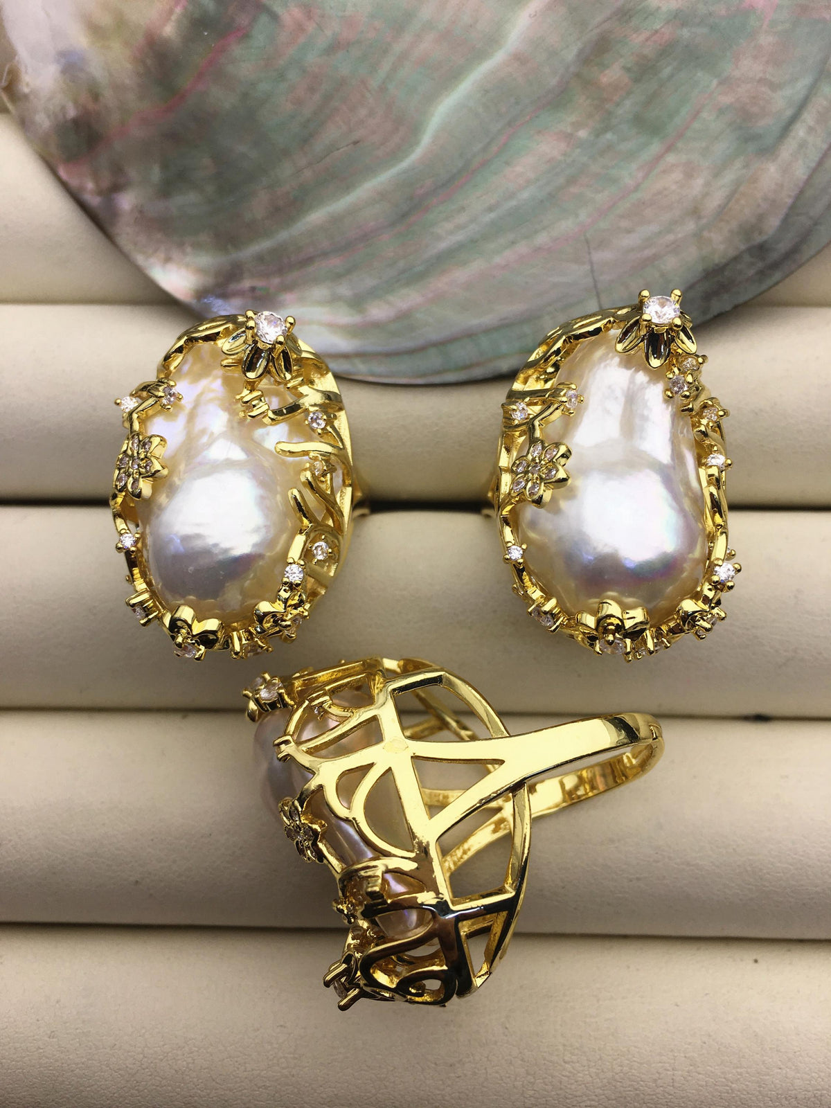 AAA Very Big White Rainbow Baroque Pearl Gold rings, affordable engagement rings, pearl wedding rings, promise rings for her, R1-004