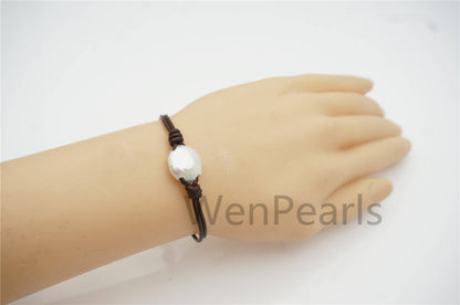 Big White Coin Pearl fashion jewelry, pearl Leather Pearls Bracelet - plait leather bracelet - Genuine freshwater pearl - Le7-136