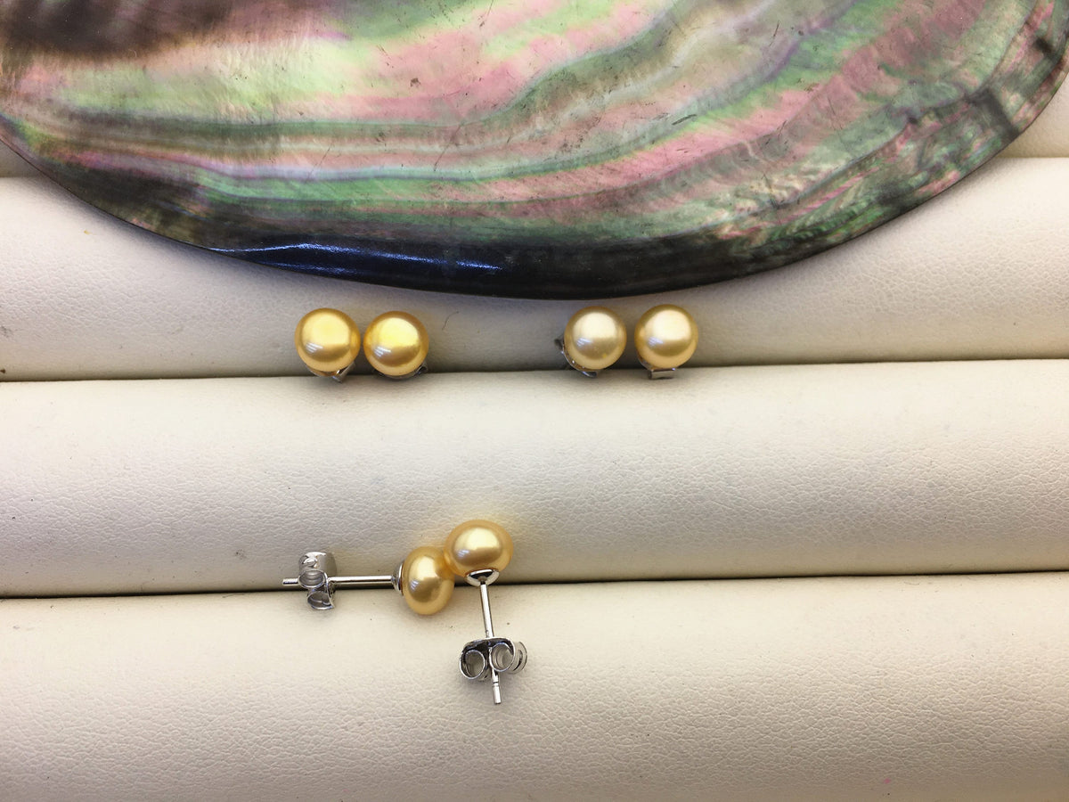 AAA 6mm to 9mm mustard yellow pearl earrings, Fall Fashion, Golden Yellow Freshwater Pearl Studs, Hypoallergenic, Contempo Jewelry, SE1-021
