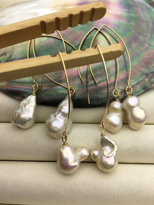 1 pair White 11mm big baroque freshwater pearl dangle earrings,wedding pearl earrings,SE3-131-16