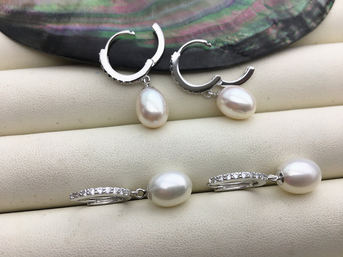 AAA white oval pearl earring wedding,Sterling Silver rice pearl dangle earrings,bridal earrings pearl,SE3-070