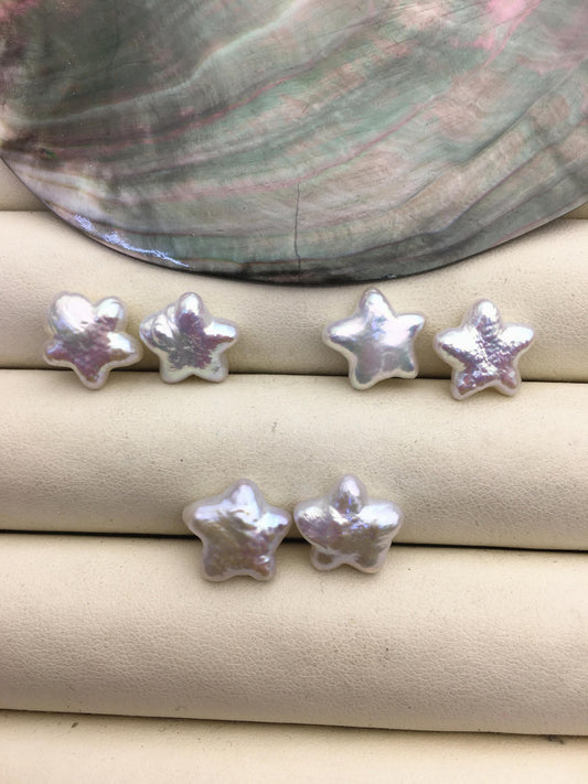 2 pairs AAA 11-13mm White Five pointed star Shape Freshwater Pearl White loose Beads Piar, no hole, wholesale, ZS-103-37-72