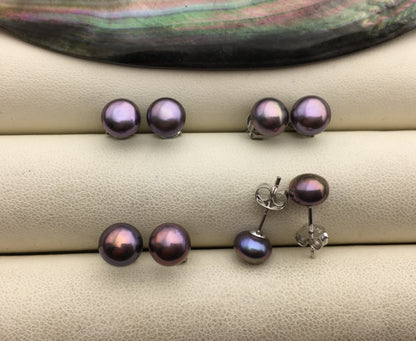 AAA 7-7.5mm Black Rainbow Pearl Stud Earrings, pearl earrings,S925 Sterling Silver,Wedding,classic pearl studs,SE1-064