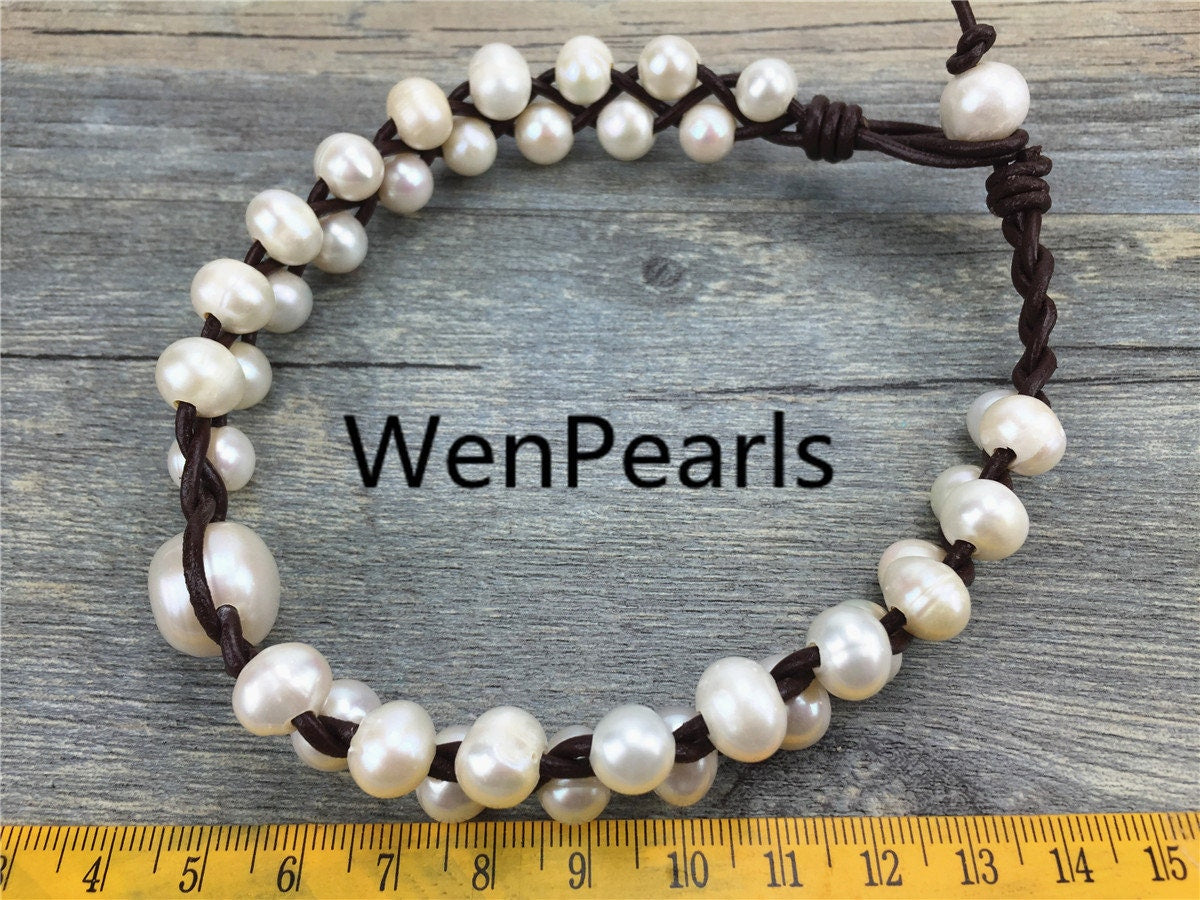 9-10mm leather pearl necklace, pearl leather bracelet, Freshwater pearl and leather necklace, Baroque pearl necklace, wholesale, Le1-063