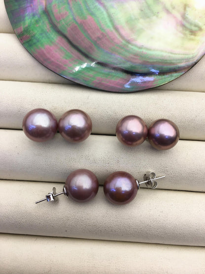 1 pair AAA 12-13mm purple round edison pearl stud earrings, S925 Sterling Silver stud earrings, wedding pearl earrings, SE3-T9-49