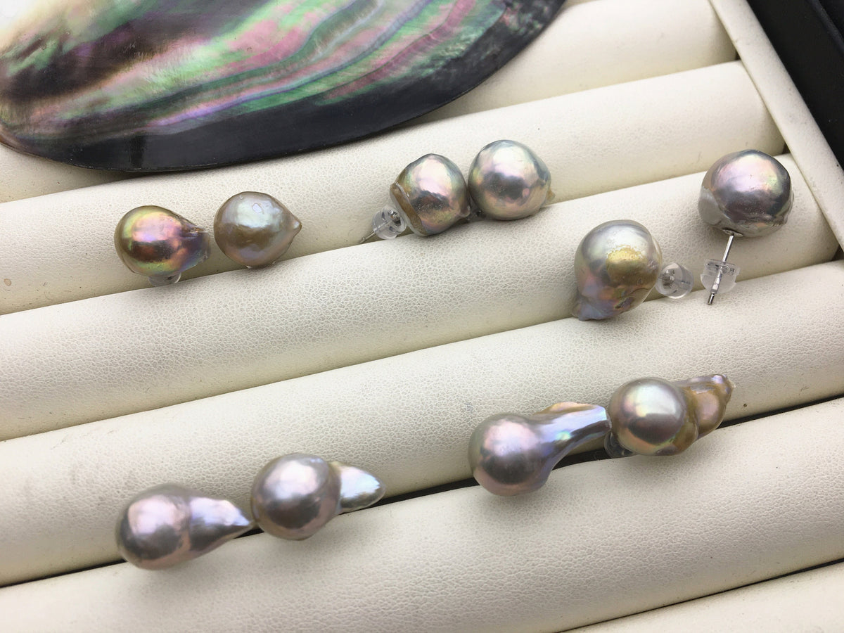 50% OFF, AA+ 11-13mm Gray Bronze flameball freshwater pearl stud earrings, sterling silver, earring with white baroque Natural Pearl, SE3-089