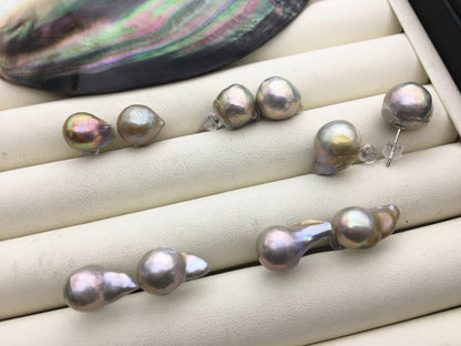 50% OFF, AA+ 11-13mm Gray Bronze flameball freshwater pearl stud earrings, sterling silver, earring with white baroque Natural Pearl, SE3-089