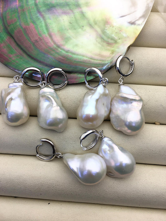1 pair AAA 13-17mm white flame ball pearl hook earrings, sterling silver, earring with white baroque Natural Pearl, SE3-031-22