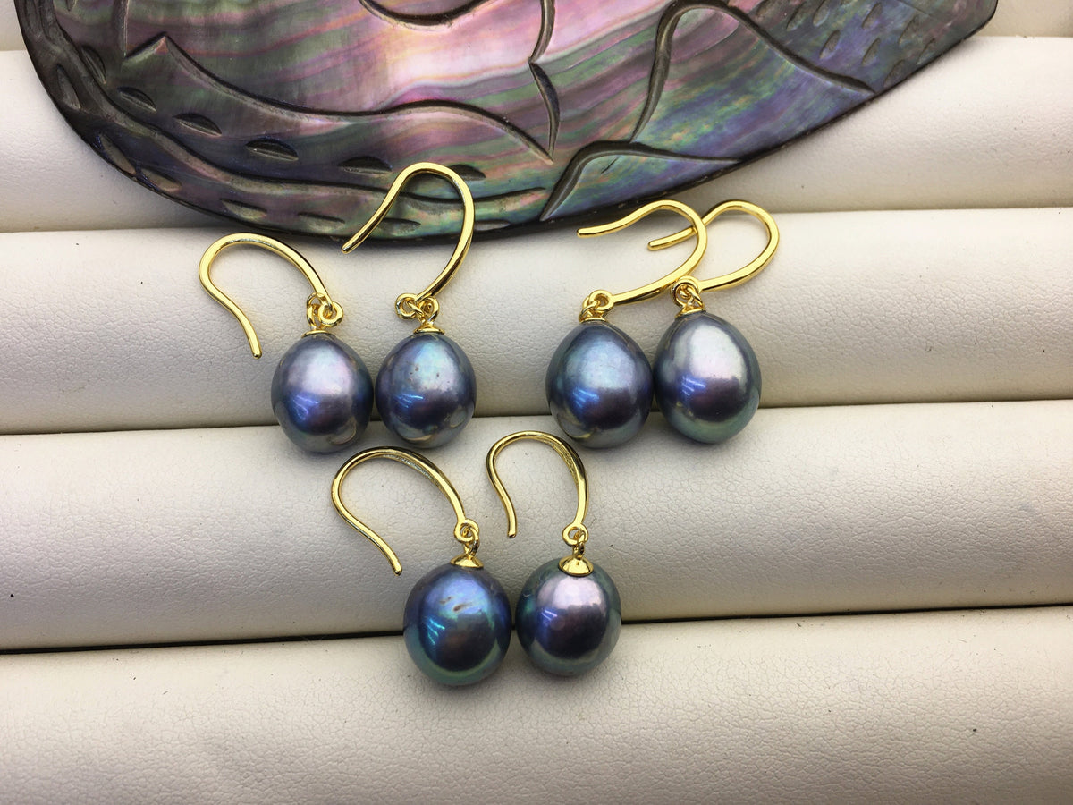 1 pair AA+ 9.5-10mm deep green blue rice pearl dangle earrings, yellow gold plated S925 Sterling Silver pearl earrings, SE3-T45