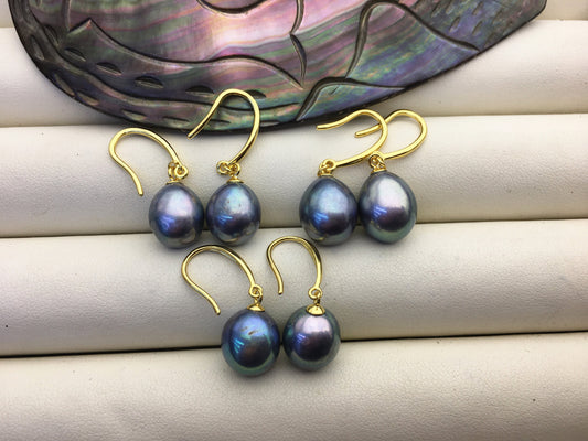 1 pair AA+ 9.5-10mm deep green blue rice pearl dangle earrings, yellow gold plated S925 Sterling Silver pearl earrings, SE3-T45