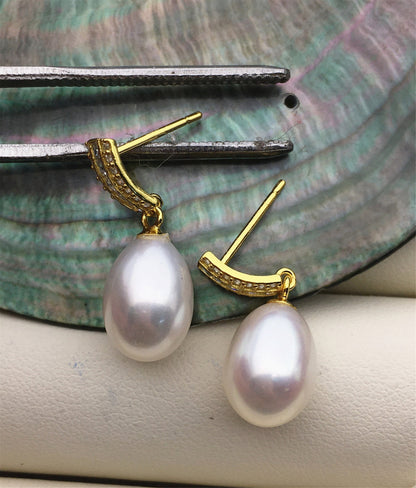 AAA 9mm White rice pearl cz stud earrings,zircon S925 Sterling Silver pearl earrings,pearl for women for girl,SE3-047