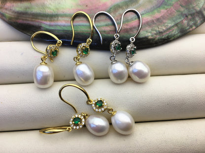 AAA 9mm White rice pearl cz stud earrings,zircon S925 Sterling Silver pearl earrings,green stone earrings,SE3-002