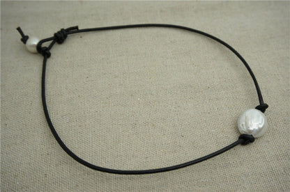 Big Coin pearl, 12-14mm, Leather Pearl Choker, Pearl Leather Necklace, White Freshwater pearl, Black Leather Pearl necklace, Le1-066