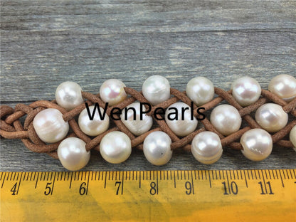 Three rows pearl bracelet, Leather Pearls Bracelet, Handmade Cuff, White Pearls on Brown Leather, Black leather bracelet, Le7-037