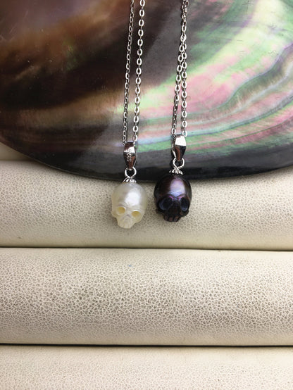 AAA 8mm white/pink/purple/gray/black handmade carved skull freshwater pearl pendant necklace, S925 Sterling silver pendant, NC1-012-9