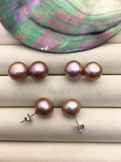 1 pair AAA 11-12mm purple button round edison pearl stud earrings,S925 Sterling Silver stud earrings,SE3-T9-70