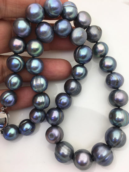 18 inches 11.5-12.5mm big AA Black Deep Blue potato freshwater Pearl necklace, genuine freshwater Pearl necklace, NPN1-122-3