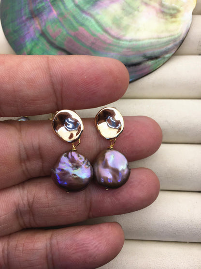1 pair AA+ Natural Drop Coin freshwater pearl stud earrings,wedding pearl earrings,SE3-131-2