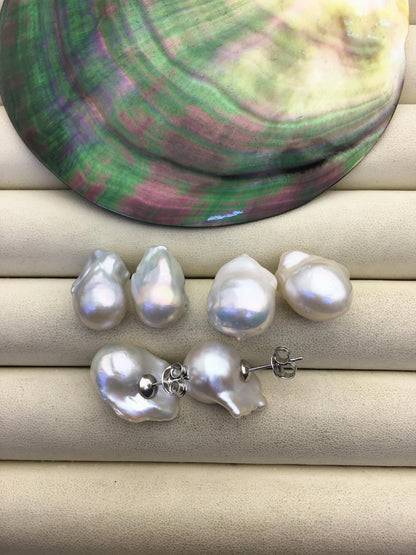 1 pair AAA 11-14mm small flame ball pearl stud earrings, sterling silver, earring with white baroque Natural Pearl, SE3-031-21