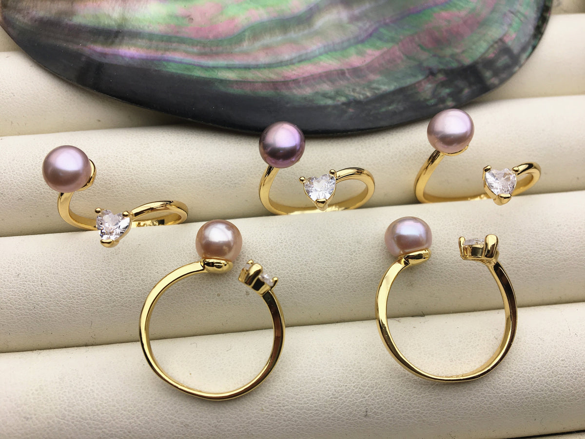 6pcs Gold Open AAA purple pearl ring, inexpensive engagement rings, fashion rings, fake diamond rings real pearls, inexpensive ring, R1-088-2