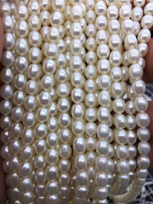 AAA 5.5-6mm*6.3-7.3mm white oval freshwater pearls, high quality, white rice pearl, Full Strand, Freshwater Pearl Rice Beads, LR5-3A-51