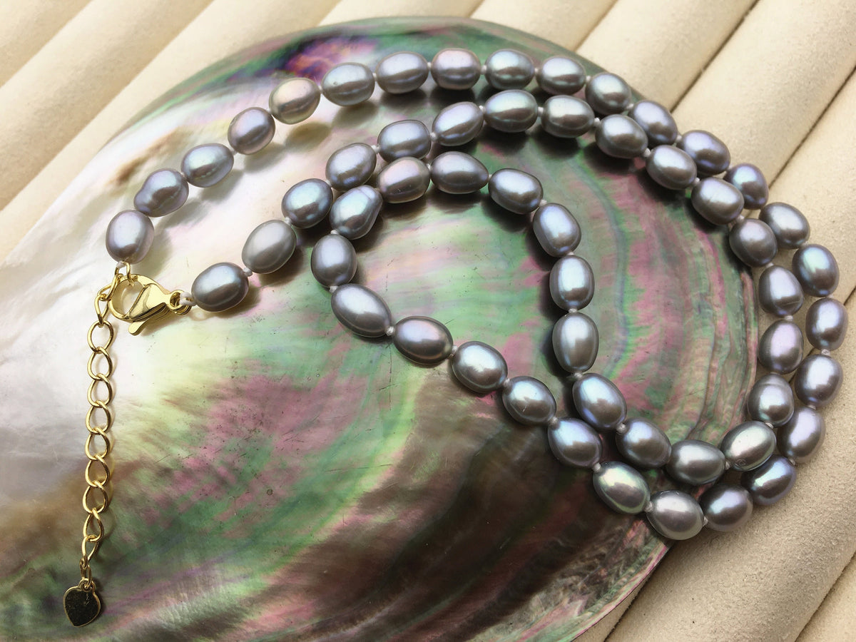 16.5+2'' AAA 5-5.5mm gray tiny rice freshwater Pearl necklace, genuine freshwater Pearl necklace, Natural Pearl Necklace, NPN1-001