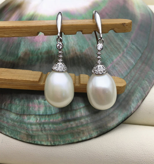 AAA 9mm White rice pearl cz dangle earrings, zircon S925 Sterling Silver pearl earrings, earrings for women for girl, SE3-051