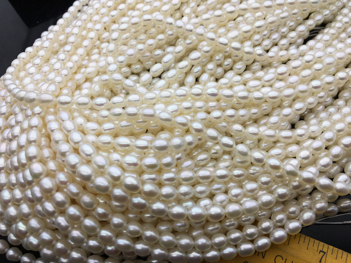 AAA 5.5-6mm*6.3-7.3mm white oval freshwater pearls, high quality, white rice pearl, Full Strand, Freshwater Pearl Rice Beads, LR5-3A-51