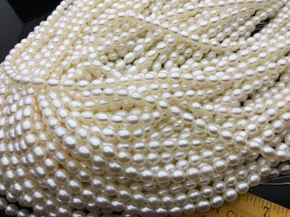 AAA 5.5-6mm*6.3-7.3mm white oval freshwater pearls, high quality, white rice pearl, Full Strand, Freshwater Pearl Rice Beads, LR5-3A-51