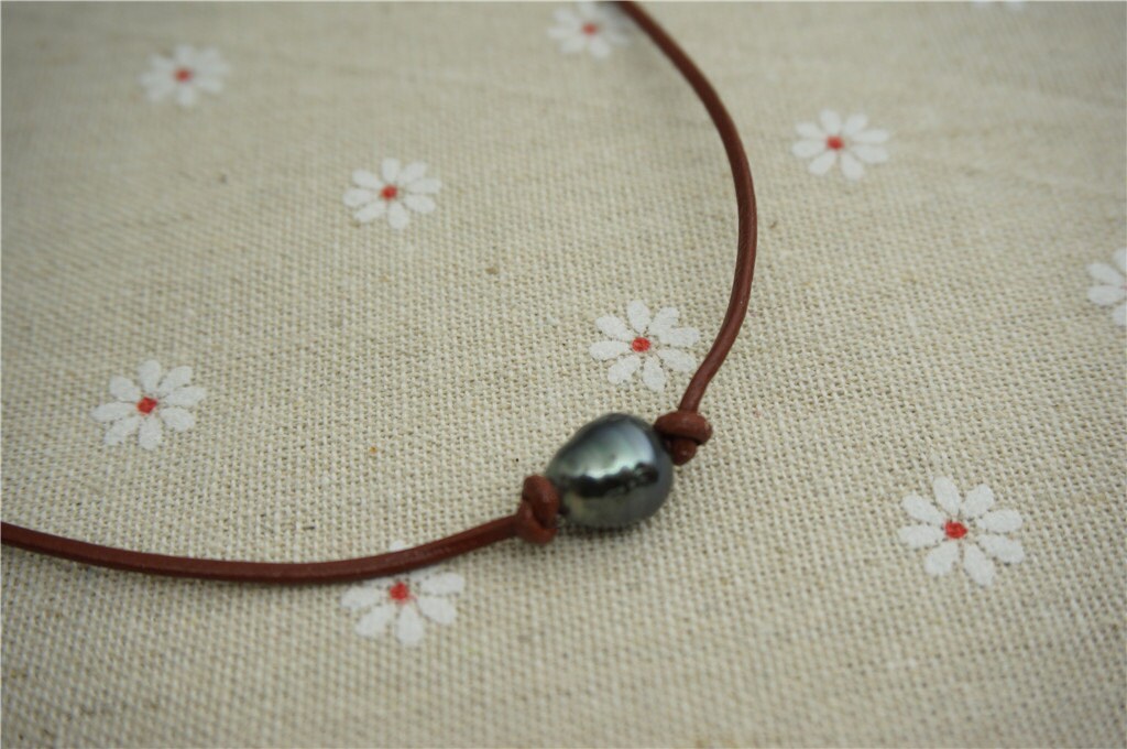 10-12mm Tahitian hand rolled and knotted leather necklace, men or women choker, Black Leather Pearl necklace, BROWN, LIGHT BROWN, Le11-009