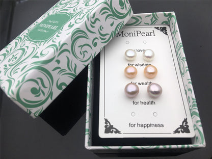 3 pair SET 8-8.5mm White Pink Purple pearl stud earrings,Sterling Silver AAA pearl,wish pearl stud earrings,SE3-083