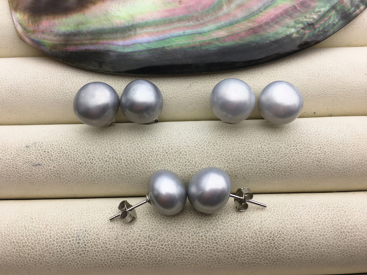 AAA 11-12mm big Silver gray button round Pearl Stud Earrings, freshwater pearl earrings, classic pearl studs, SE1-069-13