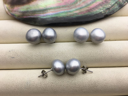 AAA 11-12mm big Silver gray button round Pearl Stud Earrings, freshwater pearl earrings, classic pearl studs, SE1-069-13