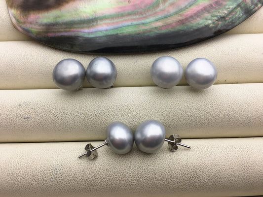 AAA 11-12mm big Silver gray button round Pearl Stud Earrings, freshwater pearl earrings, classic pearl studs, SE1-069-13