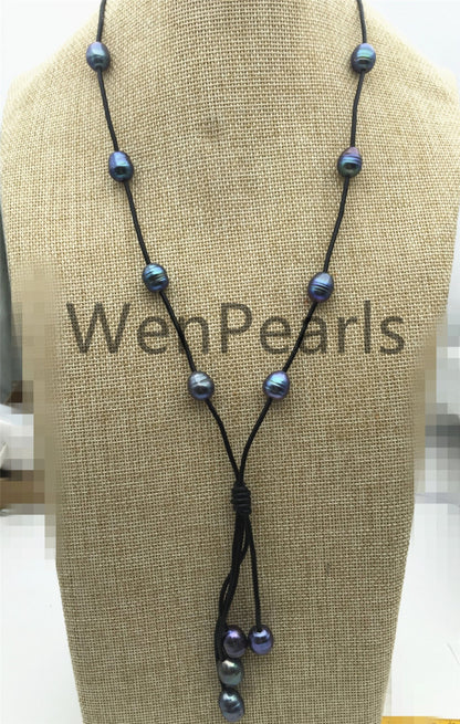 Malachite Green Freshwater Pearl and Leather Lariat Necklace, Light Brown Leather Pearl necklace, Tan Leather Rice pearl necklace, Le4-014