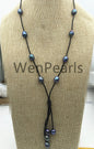 Malachite Green Freshwater Pearl and Leather Lariat Necklace, Light Brown Leather Pearl necklace, Tan Leather Rice pearl necklace, Le4-014