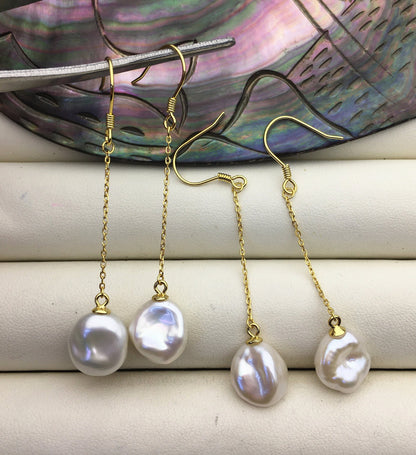 AAA 10-11mm White Keshi pearl Tassels dangle earrings, 925 Sterling Silver Gold Plated pearl earrings, pearl for women, SE3-009