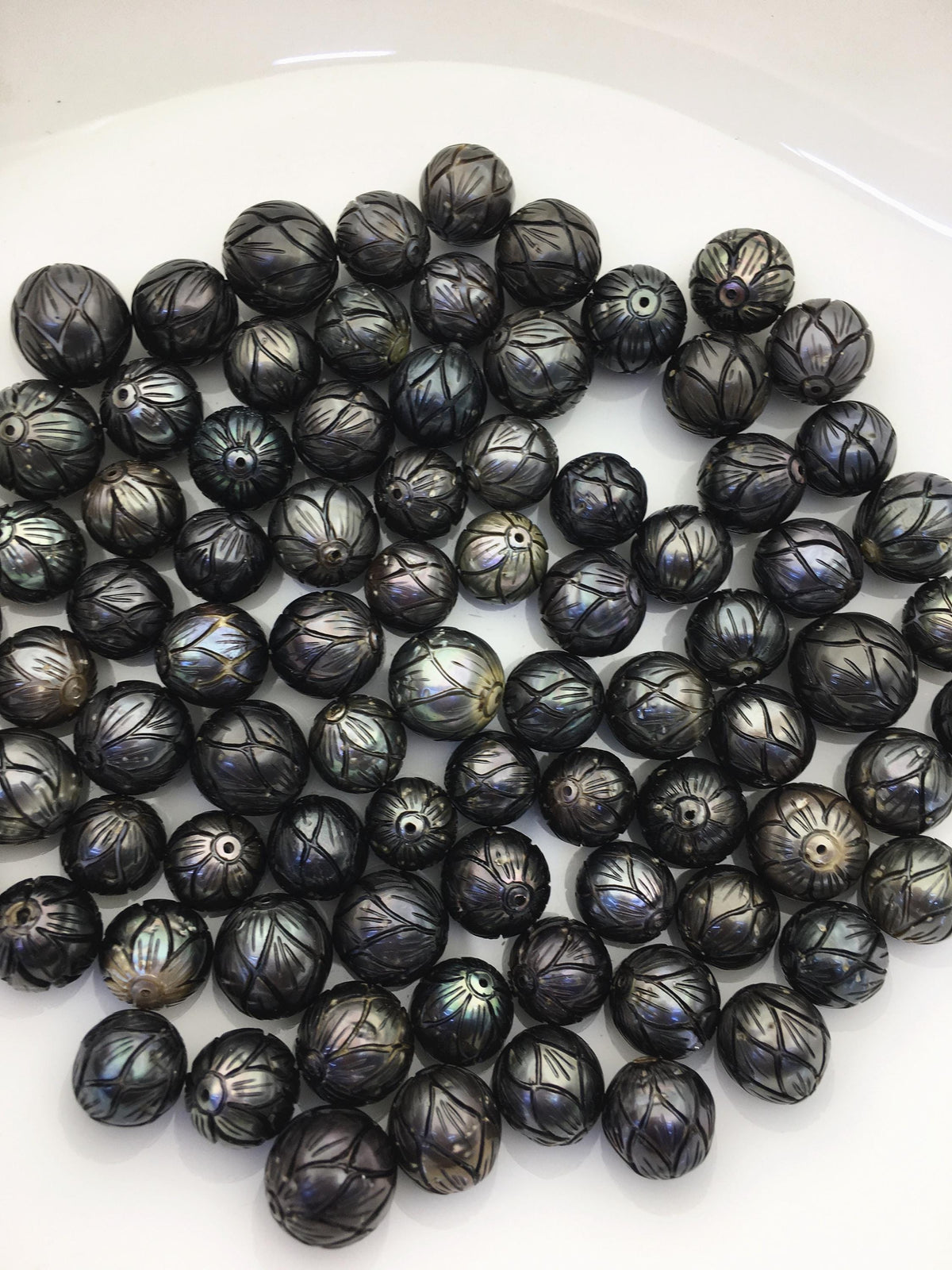 1 pc AA 10-15mm Near Round Carved Tahitian Pearl - Hand Carved - Tattoo Tahitian Pearls, through hole, carved pearls, CAC-FLW-9-4