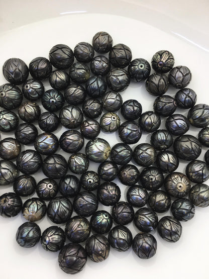 1 pc AA 10-15mm Near Round Carved Tahitian Pearl - Hand Carved - Tattoo Tahitian Pearls, through hole, carved pearls, CAC-FLW-9-4