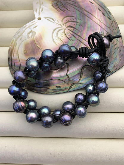 Two rows blue pearl bracelet, Leather Pearls Bracelet, Handmade Cuff, White Pearls on Brown Leather, Black leather bracelet, Le7-096
