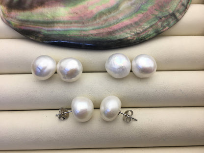 AAA 13-13.5mm big white wrinkled skin baroque button round Pearl Stud Earrings,SE1-069-15