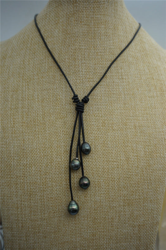 30% OFF, Tahitian pearl neklace, Pearl and Leather Lariat Necklace, Light brown Leather Pearl necklace, Sea pearl, Black pearl necklace, Le11-006