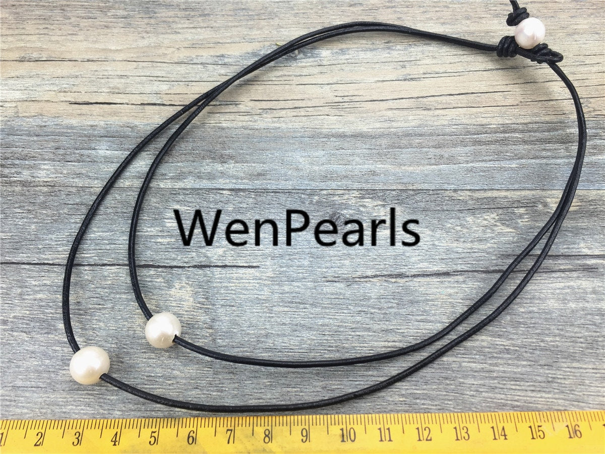 2 rows pearl necklace, Leather Necklace, 9-10mm round pearl, High Luster pearl, Pearl Leather Necklace, Black Leather Pearl necklace, Le1-047